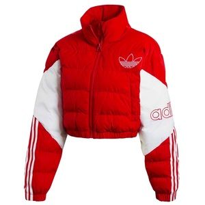 Red cropped Adidas puffer jacket